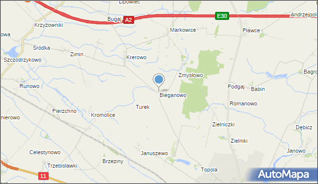 mapa Bieganowo, Bieganowo gmina Środa Wielkopolska na mapie Targeo
